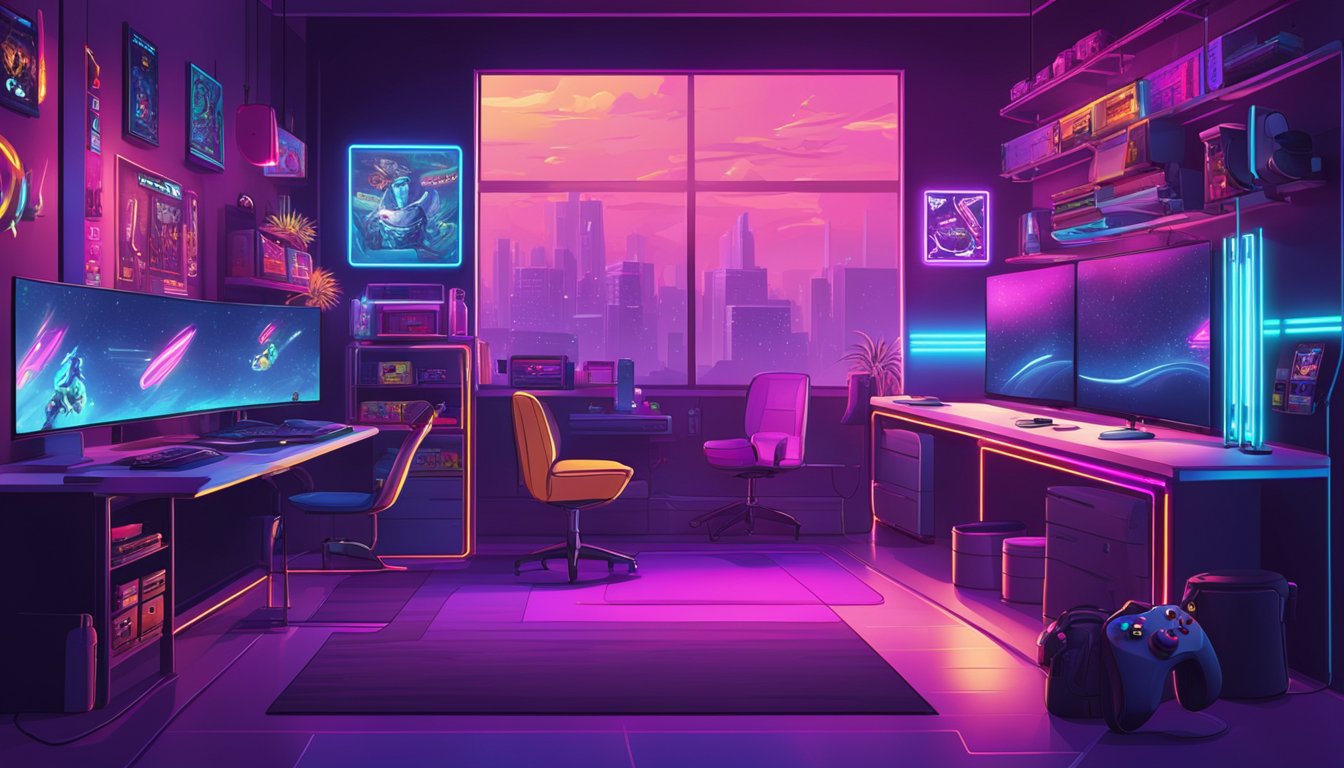 A gaming room with neon lights, sleek furniture, and multiple screens displaying intense gameplay. A wall adorned with gaming posters and shelves filled with collectibles
