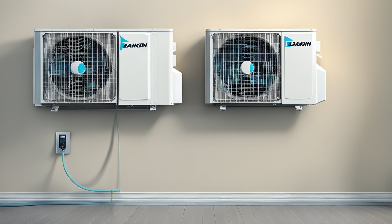 A Daikin split unit mounted on a wall, with cool air flowing out of the vents and the compressor unit humming quietly beside it