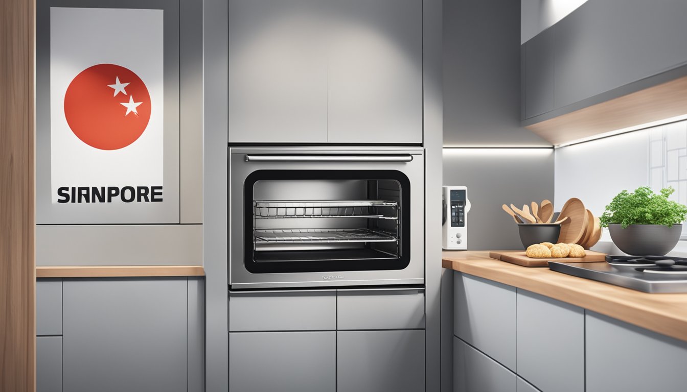 A modern baking oven in a clean kitchen setting with a Singaporean flag in the background
