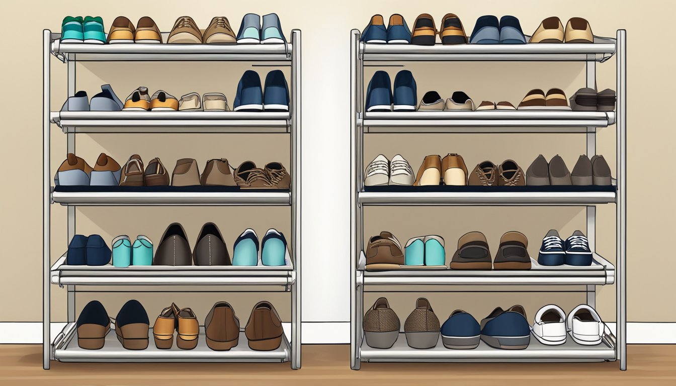 A compact shoe rack neatly organizes shoes under a hanging rack maximizing space in a small closet