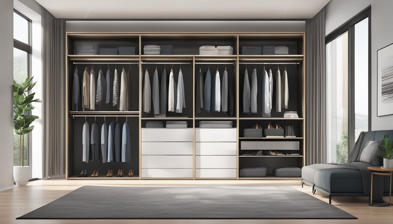 A sleek, modern wardrobe with sliding doors, showcasing a spacious interior with organized compartments and hanging rails