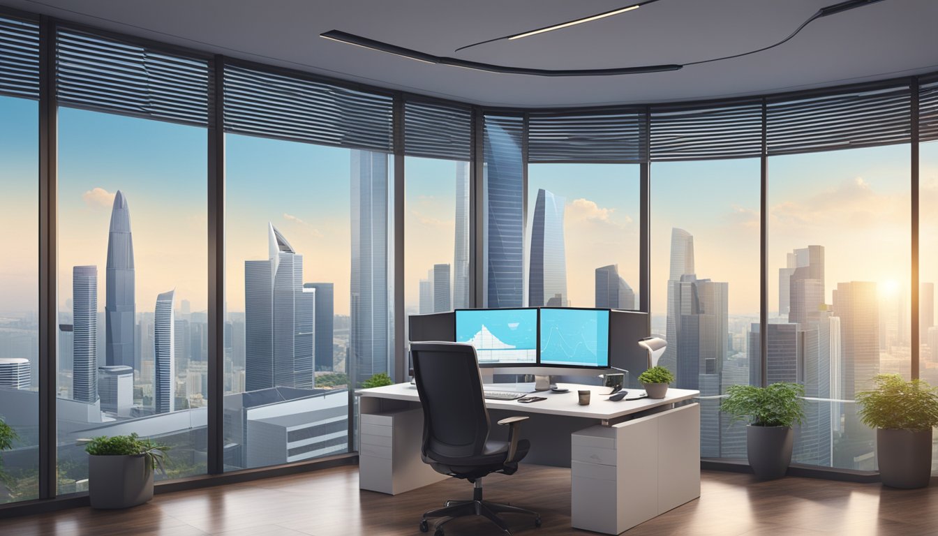 A sleek, modern office space with a panoramic view of the Singapore skyline, featuring a desk with a computer and financial charts on the wall