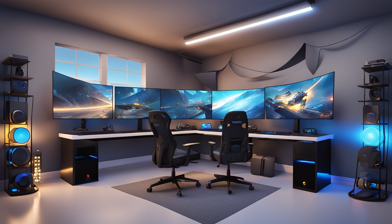 A sleek, modern gaming room with LED lights, multiple monitors, comfortable ergonomic chairs, and a custom-built PC setup