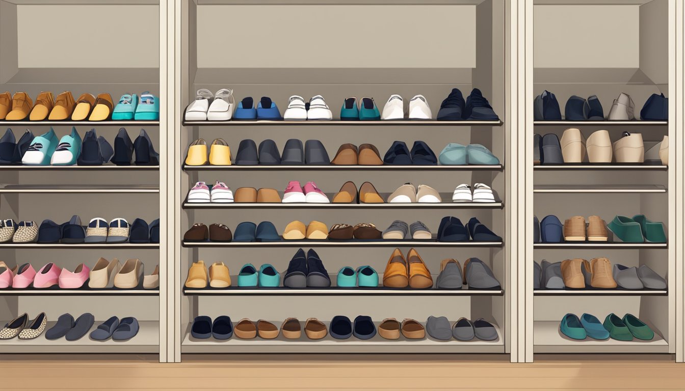 A low profile shoe rack with neatly arranged shoes in a tidy and organized manner