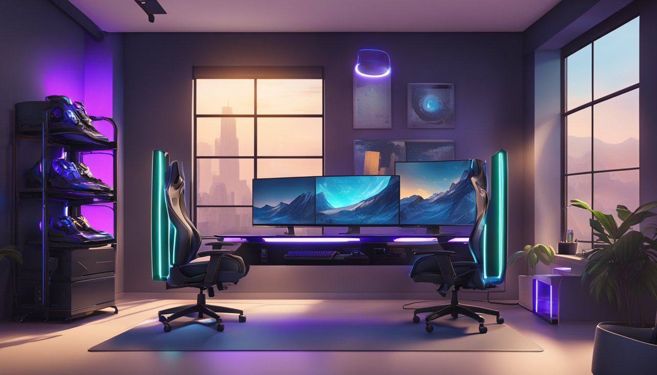 A sleek gaming room with LED lighting, ergonomic chairs, multiple screens, and a powerful gaming PC setup on a clean, minimalist desk