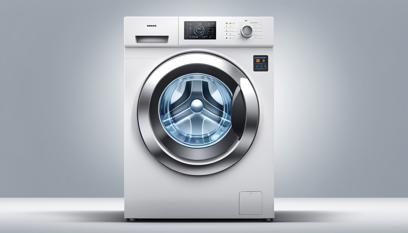 The washing machine stands tall, its sleek surface reflecting the light, with the control panel and door clearly visible