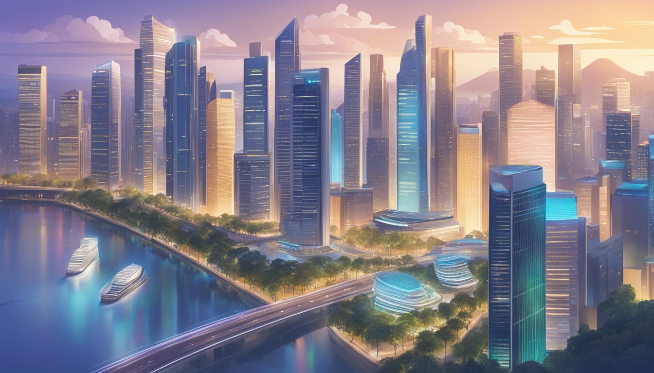A bustling city skyline with prominent financial buildings, a digital platform interface displaying investment options, and a satisfied customer reviewing Endowus in Singapore