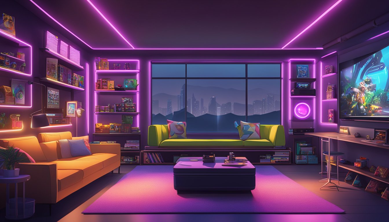 A gaming room with sleek, modern furniture, neon lighting, and a wall adorned with gaming posters. A large TV screen is mounted on the wall, surrounded by shelves of video games and gaming accessories