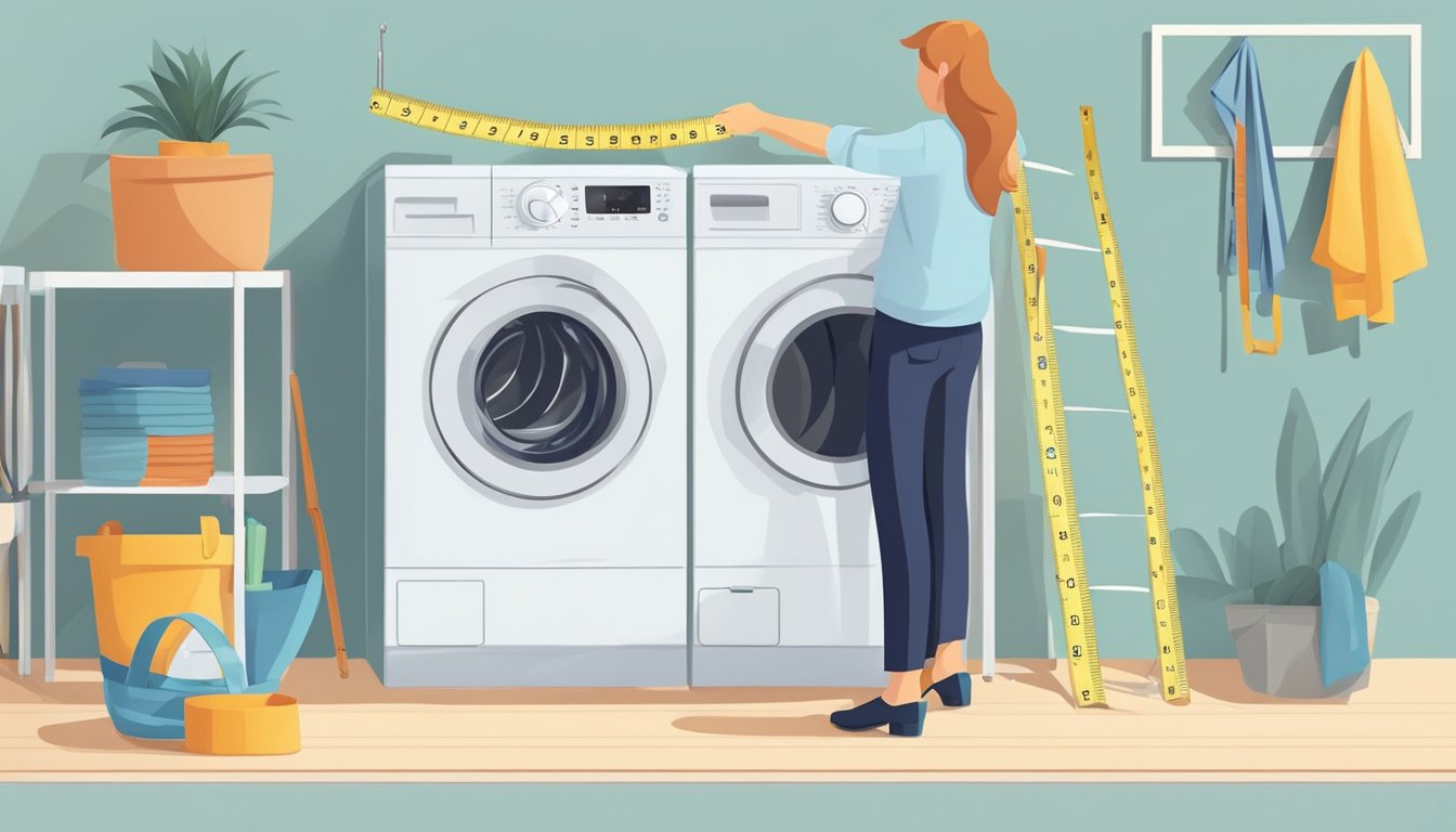A person reaching up to measure the height of a washing machine with a tape measure