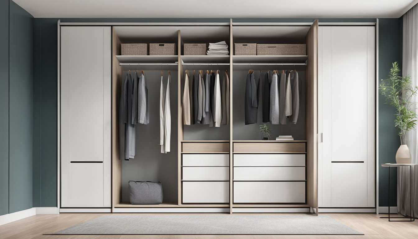 A modern built-in wardrobe with sleek sliding doors and minimalist design