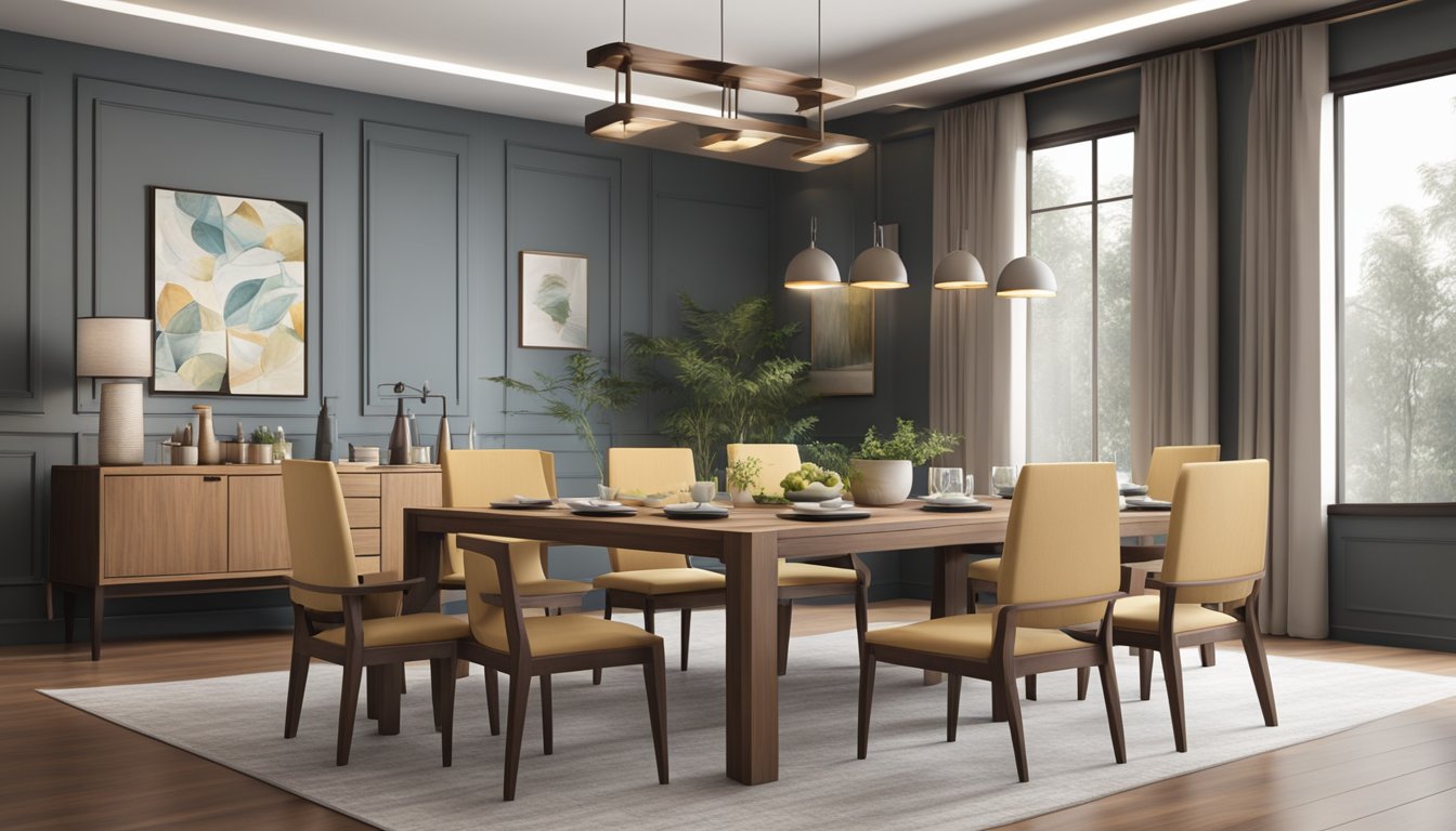 A wooden dining table with a sleek, modern design, set with elegant dinnerware and surrounded by comfortable chairs