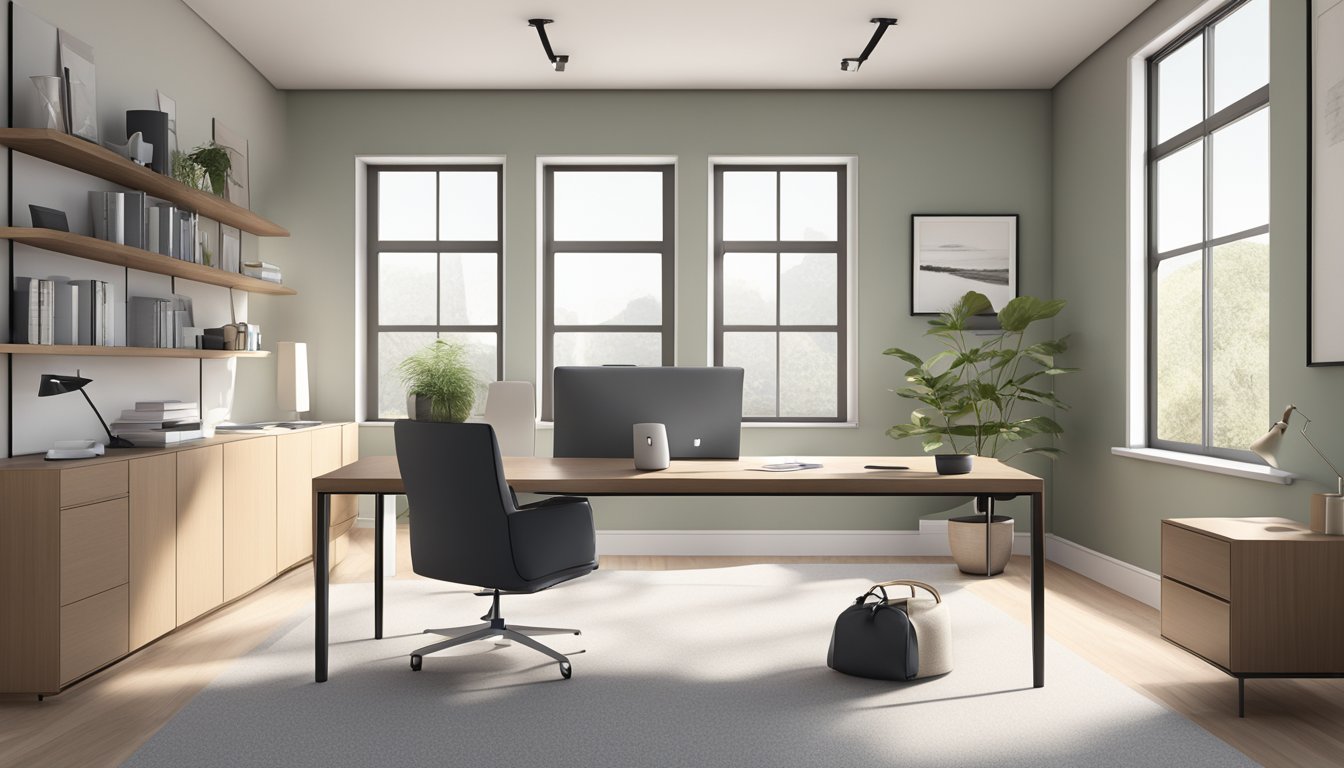 A minimalist office with sleek, modern furniture and a muted color palette. A large window allows natural light to flood the space, creating a sense of calm and efficiency