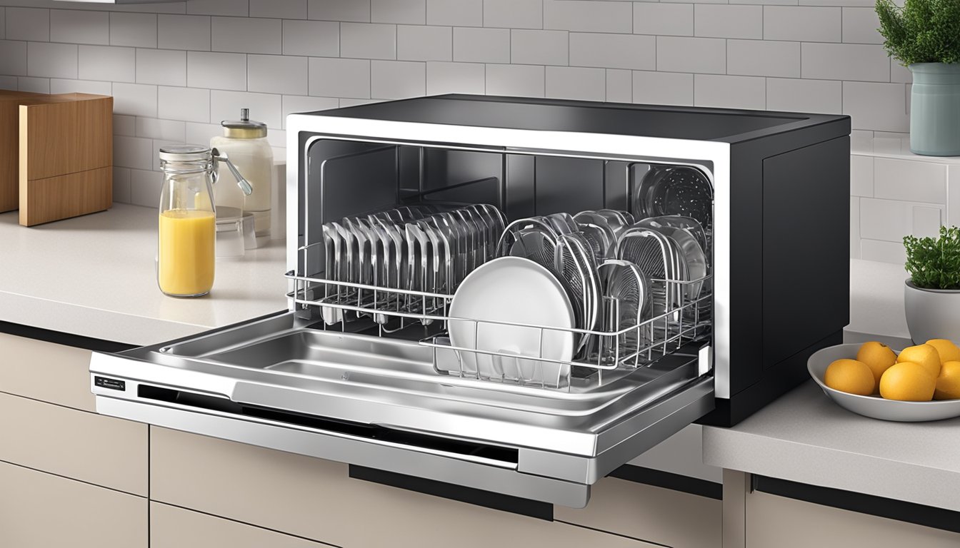 A countertop dishwasher sits on a kitchen counter, next to a sink. It is compact, with a clear front panel displaying the interior racks and utensil holder