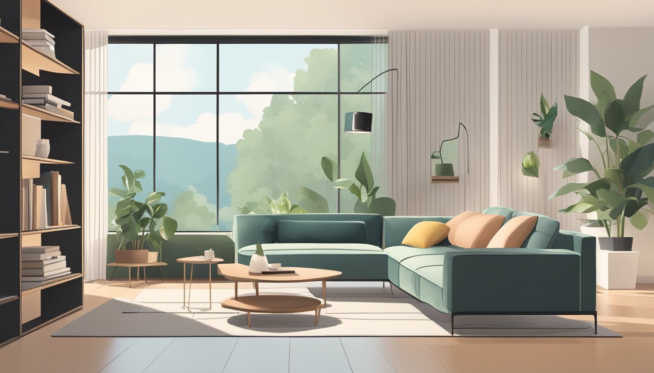 A modern living room with a sleek sofa, a coffee table, and a minimalist bookshelf. The room is filled with natural light from large windows, and there are potted plants adding a touch of greenery