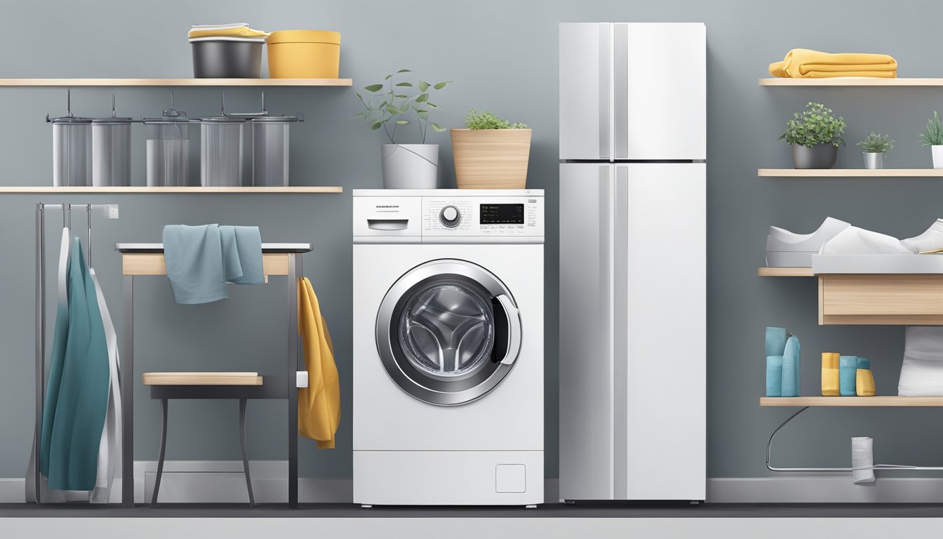 A sleek, modern washing machine stands tall, showcasing its innovative features and height
