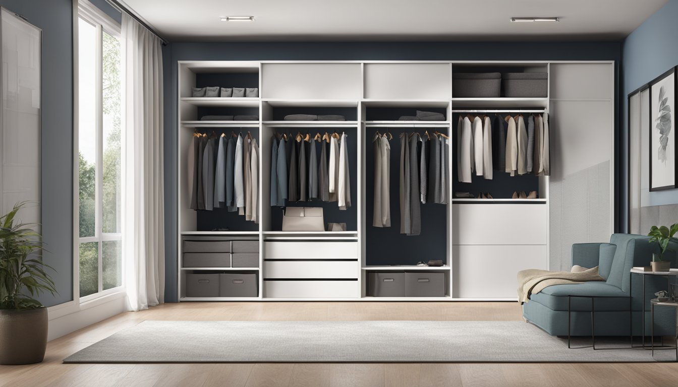 An open wardrobe with sliding doors, showcasing organized shelves and hanging space. A modern and sleek design, perfect for maximizing storage in any room