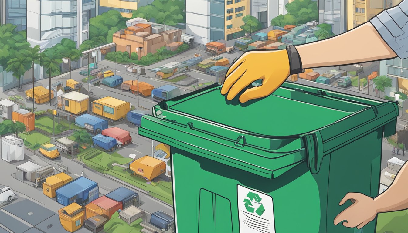 A hand reaches to pull out a waste bin in Singapore. The bin is filled with various types of waste, and the surrounding area is clean and well-maintained