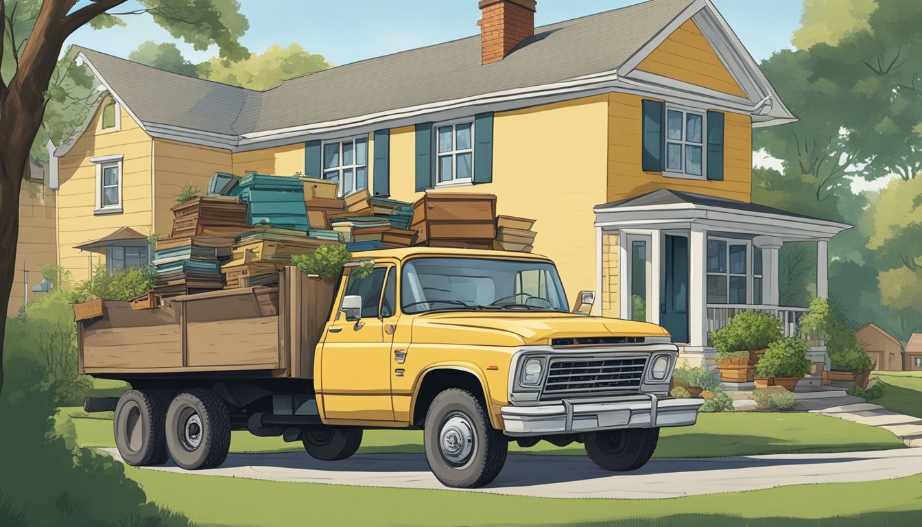 A truck loaded with old furniture drives away from a suburban home, leaving a clear space in the driveway