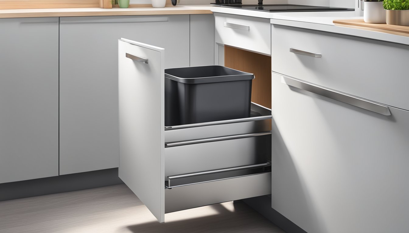 A hand reaches for the sleek, stainless steel pull out waste bin in a modern kitchen cabinet, with a clean and organized interior