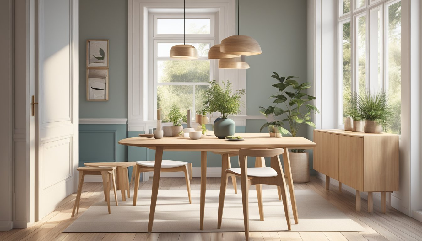 A nordic dining chair sits in a sunlit room, surrounded by minimalist decor and natural materials