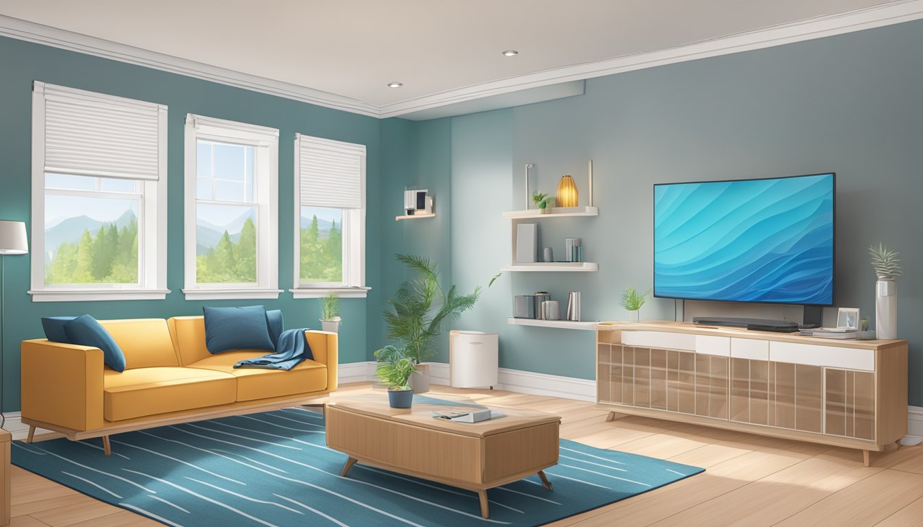 A room with Econo Cool air conditioner set to a comfortable temperature, with energy-saving mode activated and cool air circulating