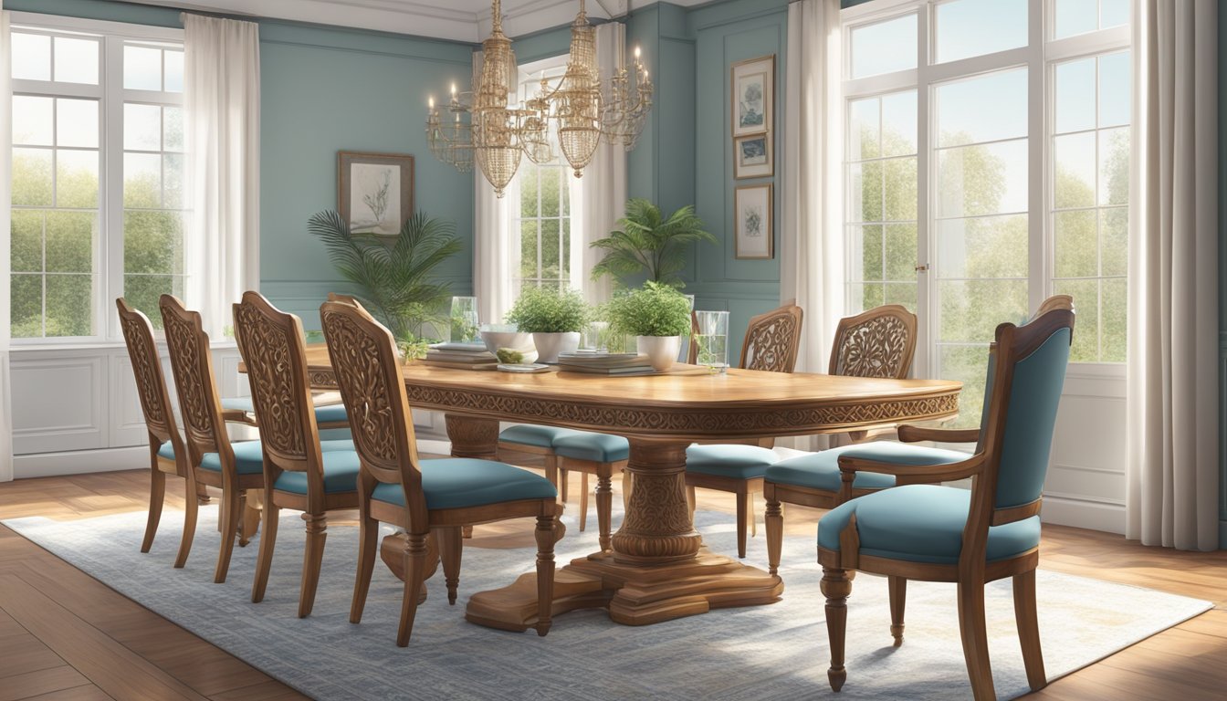 A wooden dining table with intricate carvings and a polished finish, surrounded by matching chairs, set in a bright, airy room with large windows