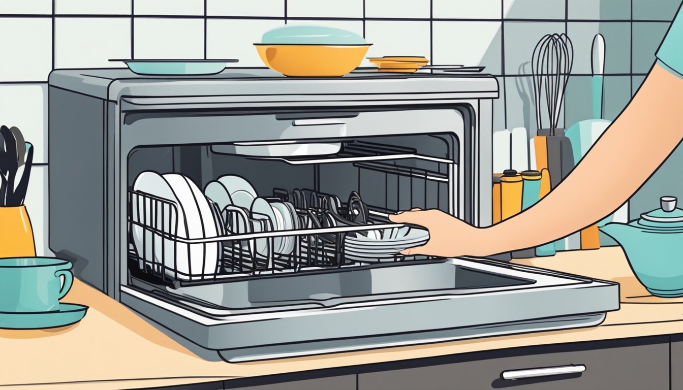 A hand reaches for a compact countertop dishwasher on a kitchen counter, surrounded by various dishware and utensils