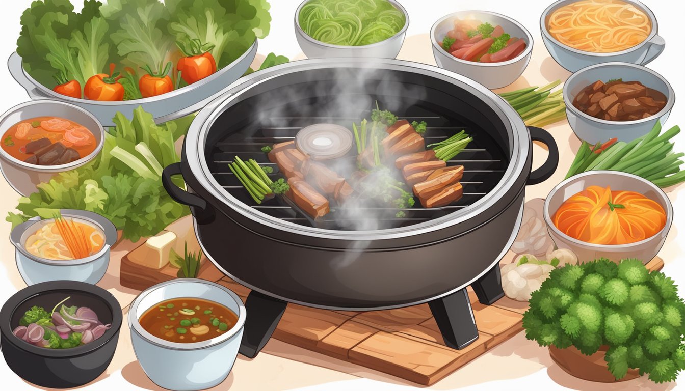 A steaming BBQ hot pot sizzles over a glowing charcoal fire, surrounded by an array of fresh vegetables, succulent meats, and aromatic broth