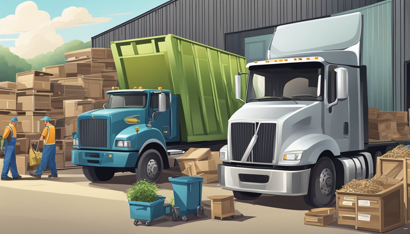 A truck unloading old furniture at a recycling center, with workers sorting and processing items