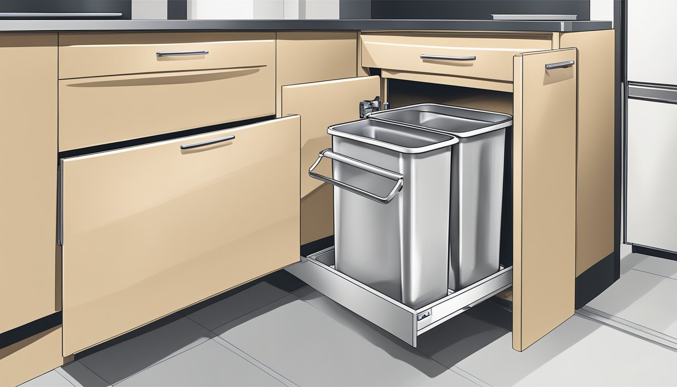 A sleek, modern kitchen cabinet with a pull-out waste bin in Singapore. The bin is neatly tucked away, with a convenient handle for easy access