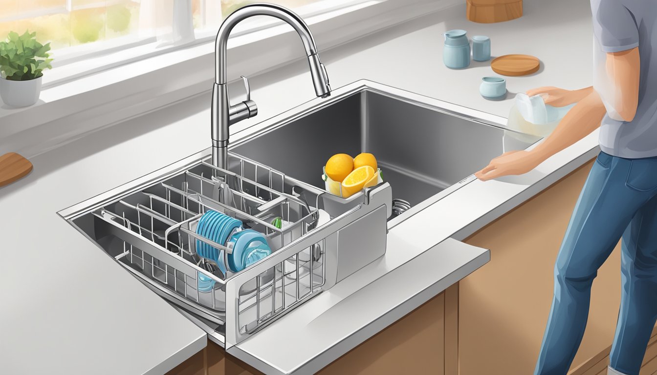 A countertop dishwasher is being unboxed and set up on a kitchen counter, with the water inlet and outlet hoses being connected to the sink faucet