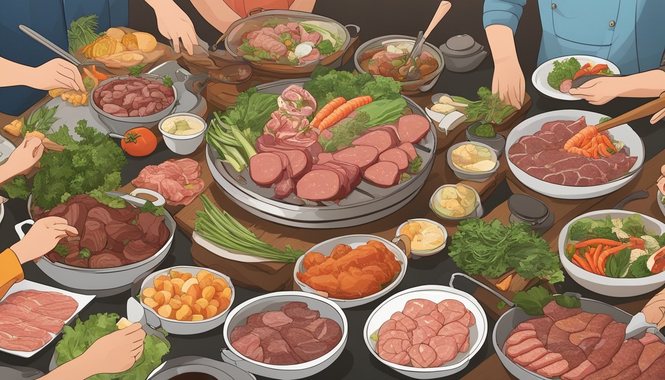 A table set with a variety of raw meats, seafood, and vegetables, surrounded by a group of friends eagerly preparing to cook them in a bubbling hot pot