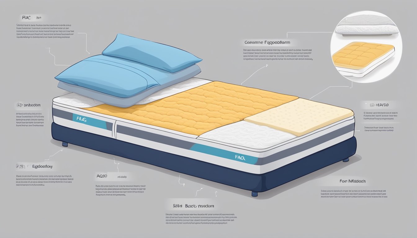 A mattress with ergonomic design and firm support, labeled "FAQ for back problems," surrounded by pillows and a heating pad