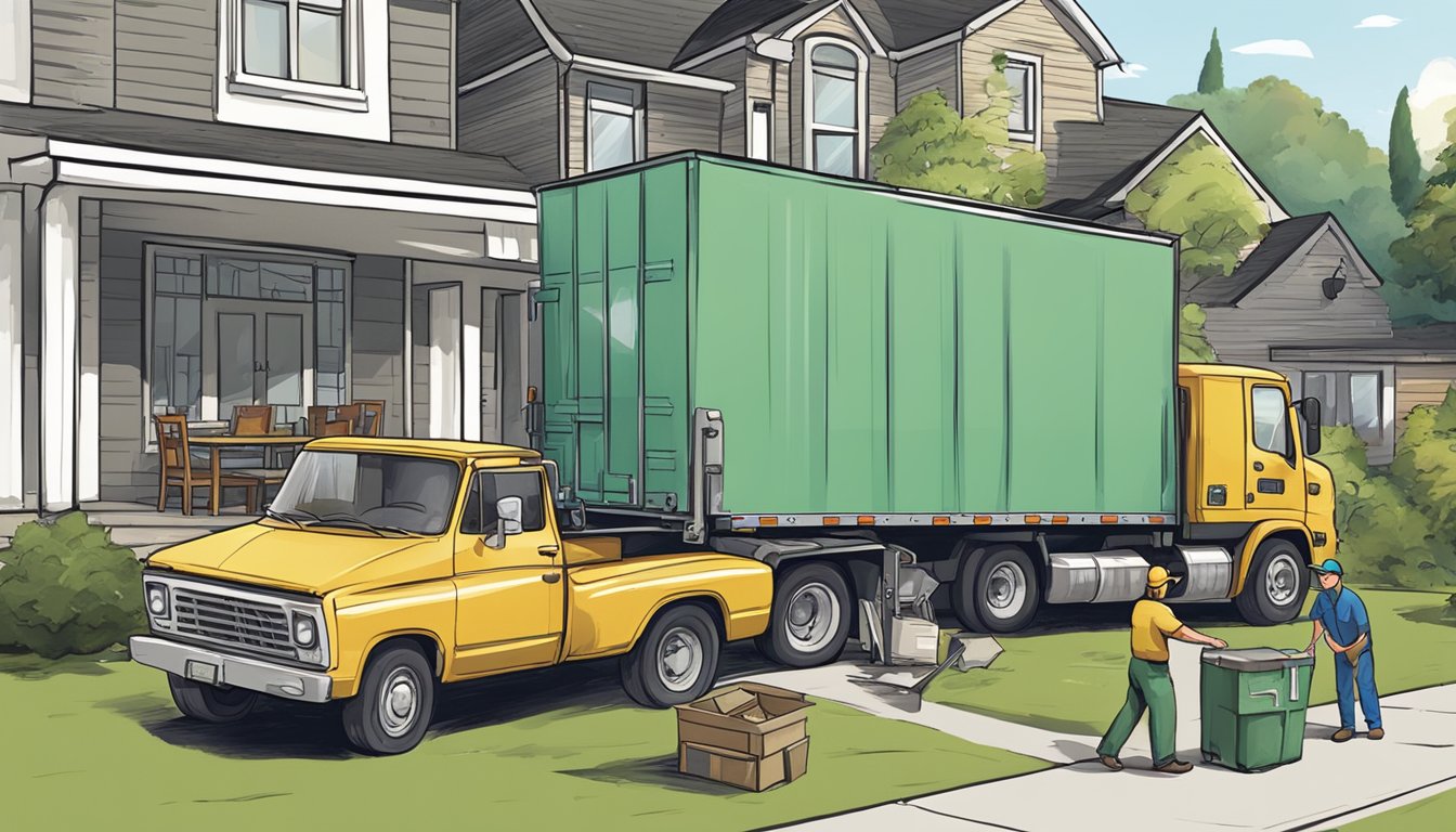 A truck labeled "Frequently Asked Questions furniture disposal service" parked outside a home, with workers carrying out old furniture and loading it onto the truck