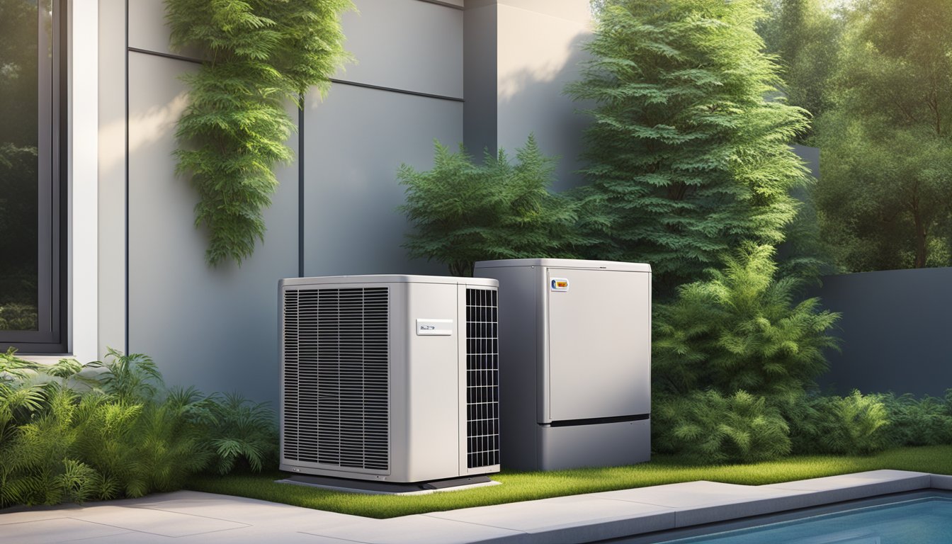 An outdoor AC unit sits next to a house, surrounded by greenery. The unit is modern and sleek, with vents and a control panel visible