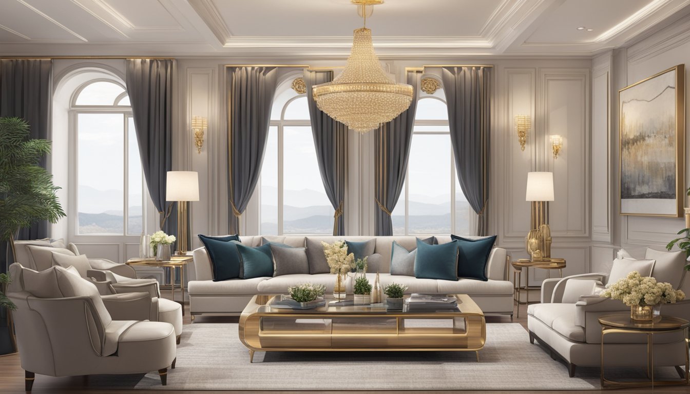A luxurious living room with elegant furniture pieces arranged in a stylish and inviting manner. Rich textures and sophisticated designs create a welcoming atmosphere