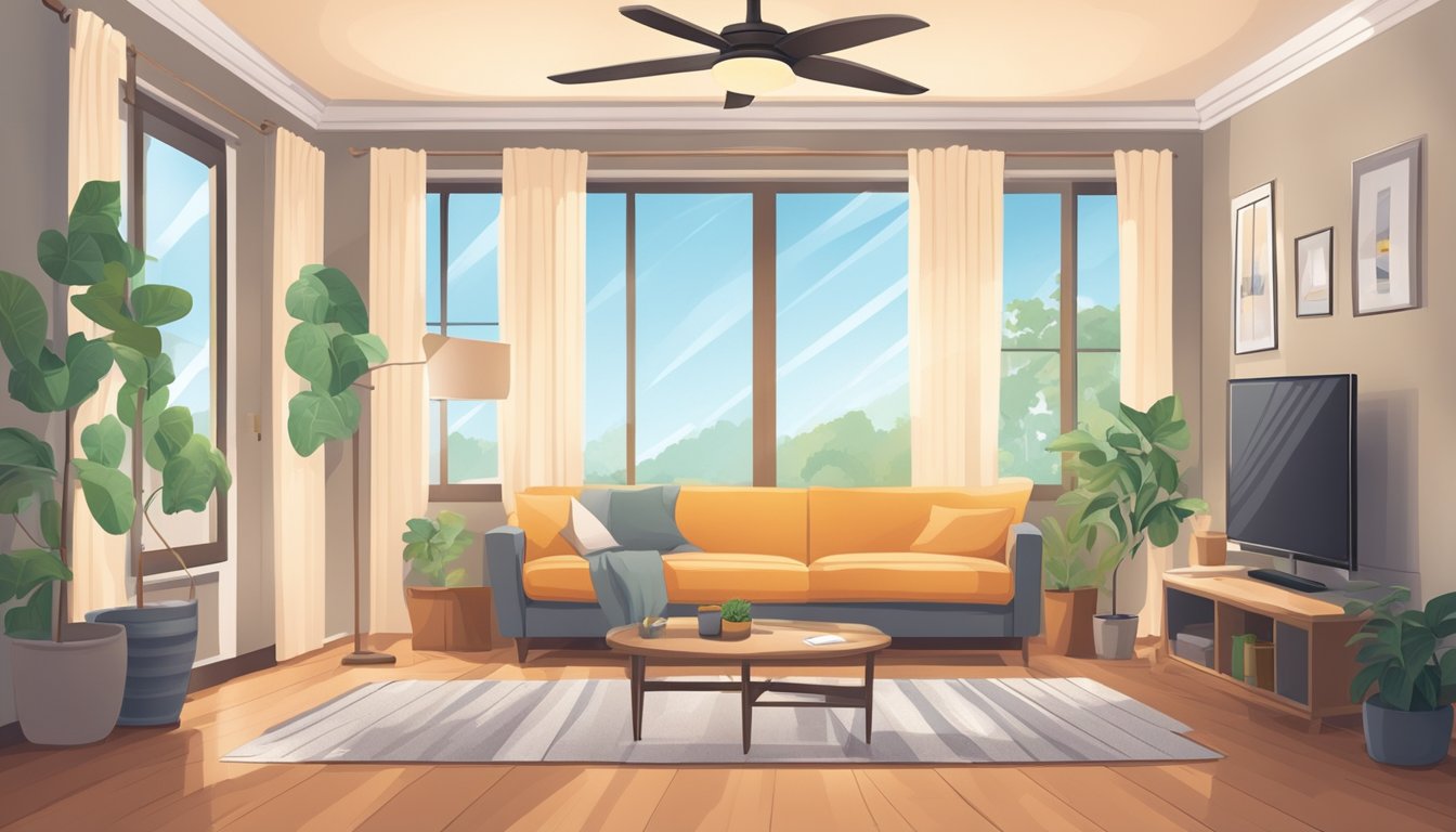 A cozy living room with a thermostat set to an energy-saving temperature, with a ceiling fan running and curtains drawn to block out the sun