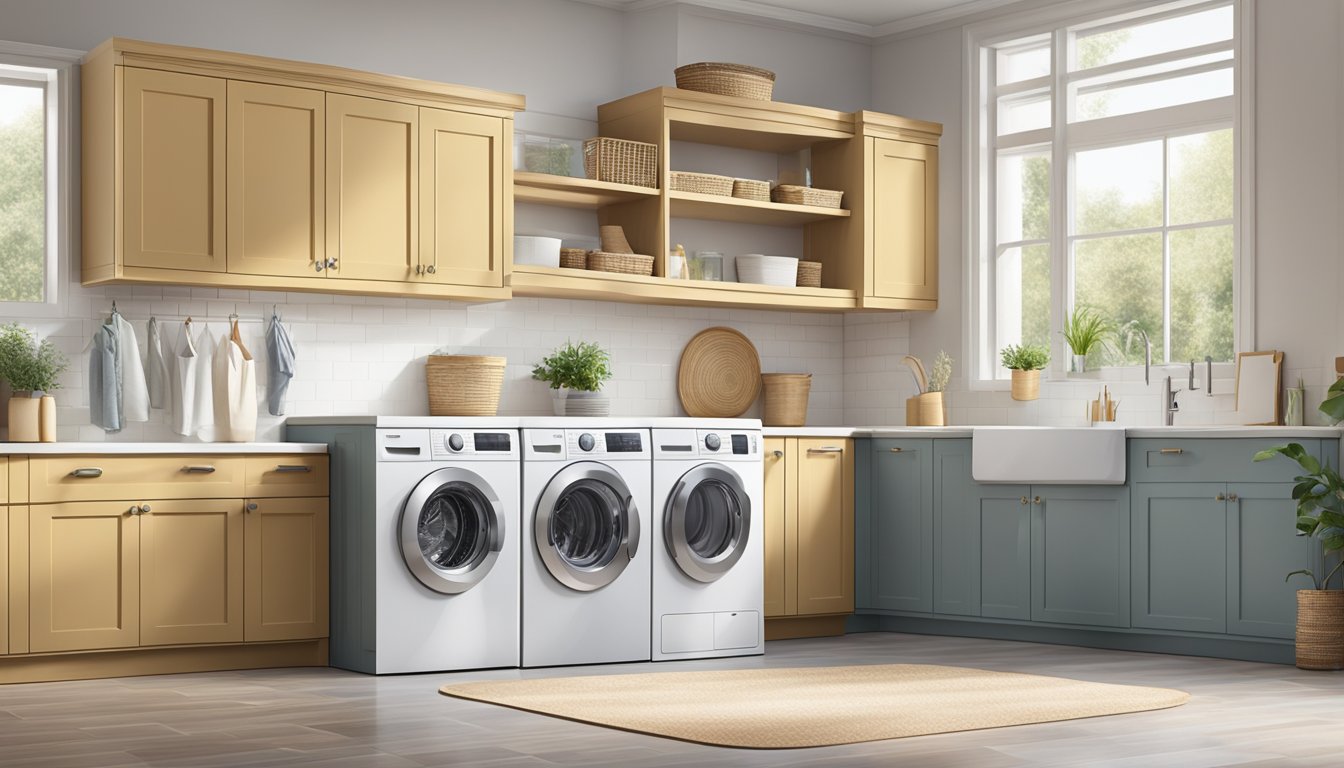 A washing machine sits in a spacious laundry room, its height matching the surrounding countertops