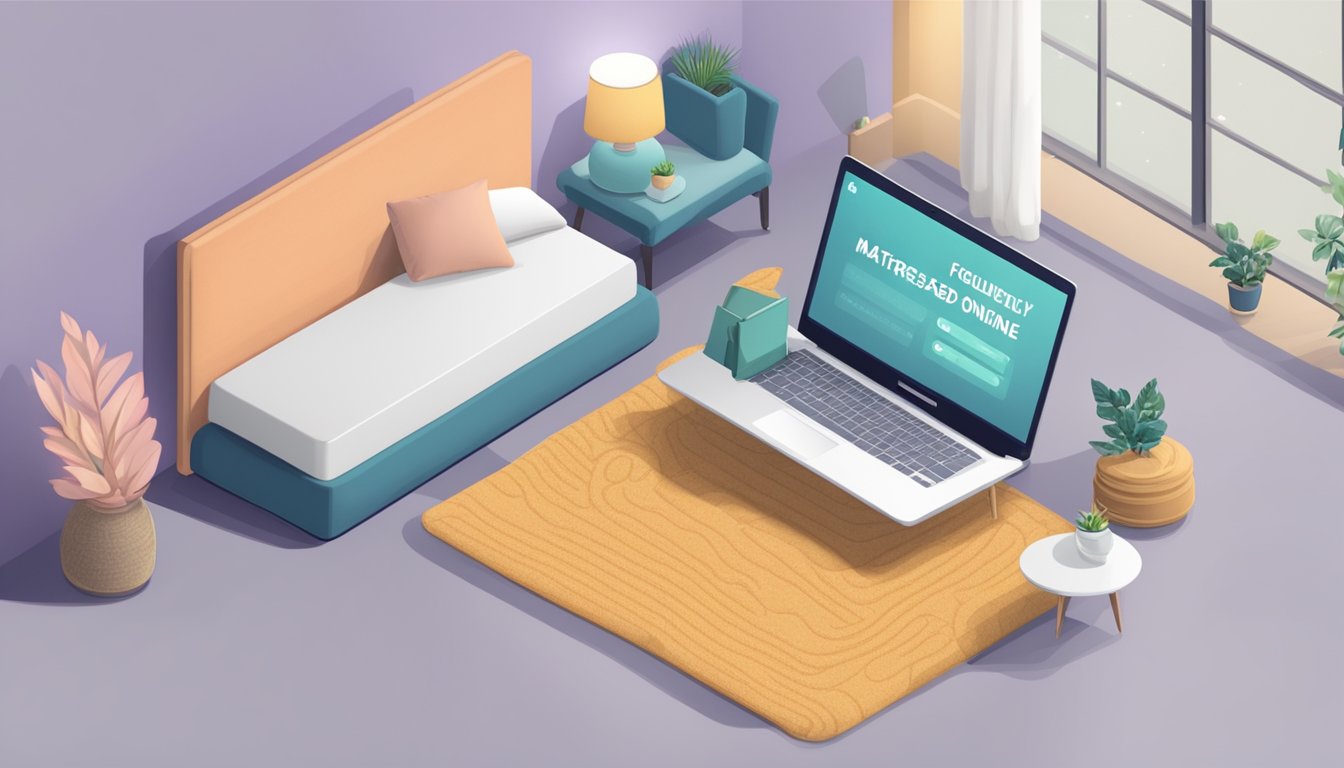 A laptop displaying a webpage titled "Frequently Asked Questions mattress online" with a list of questions and answers, surrounded by pillows and a cozy blanket