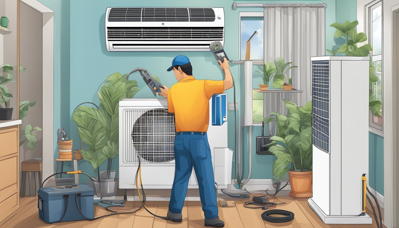 A technician installs an air conditioning unit in a Singaporean home, surrounded by tools and equipment