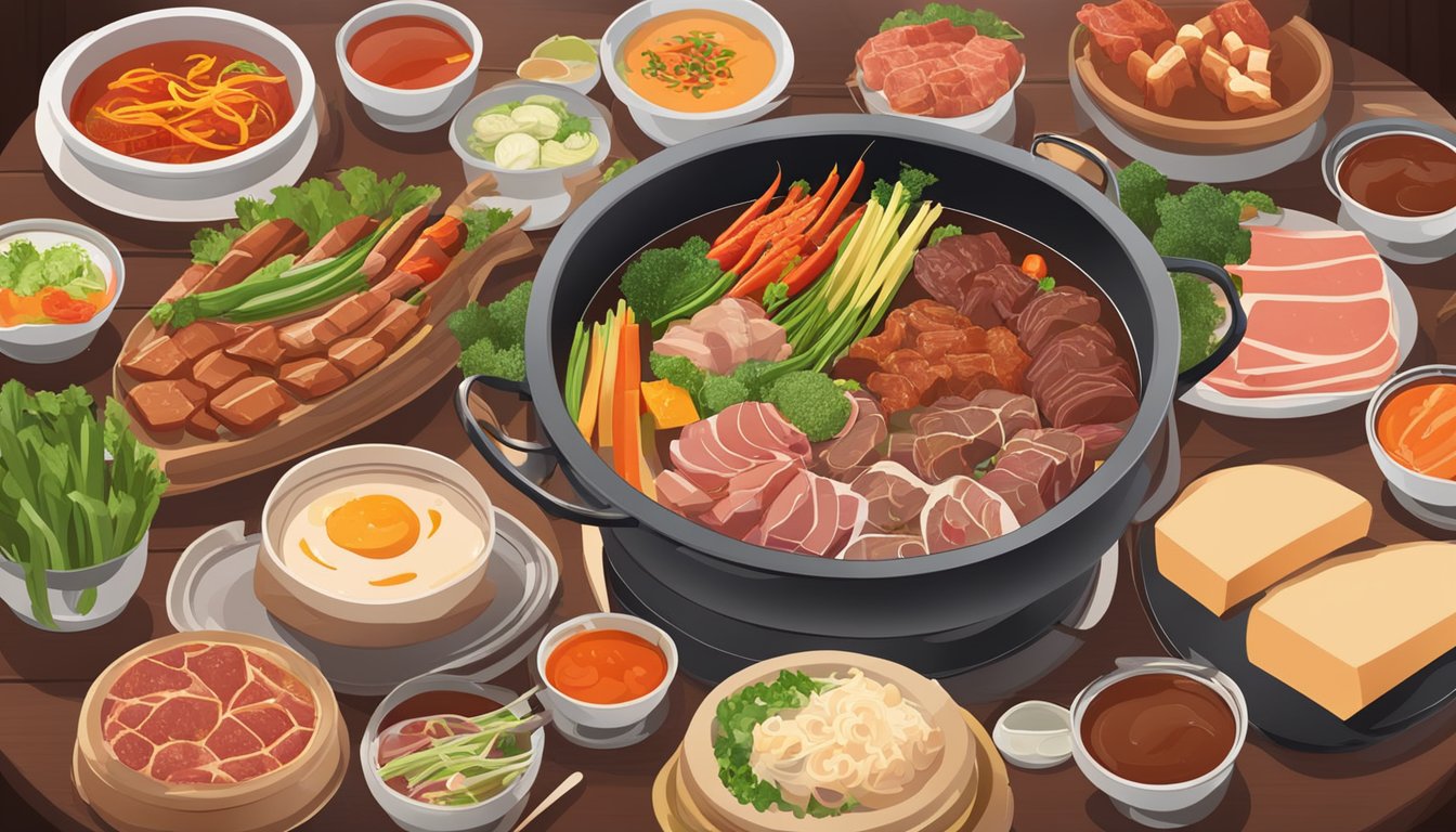 A table with a sizzling hot pot surrounded by various raw meats, vegetables, and dipping sauces. Steam rises as diners cook and enjoy their BBQ hot pot experience