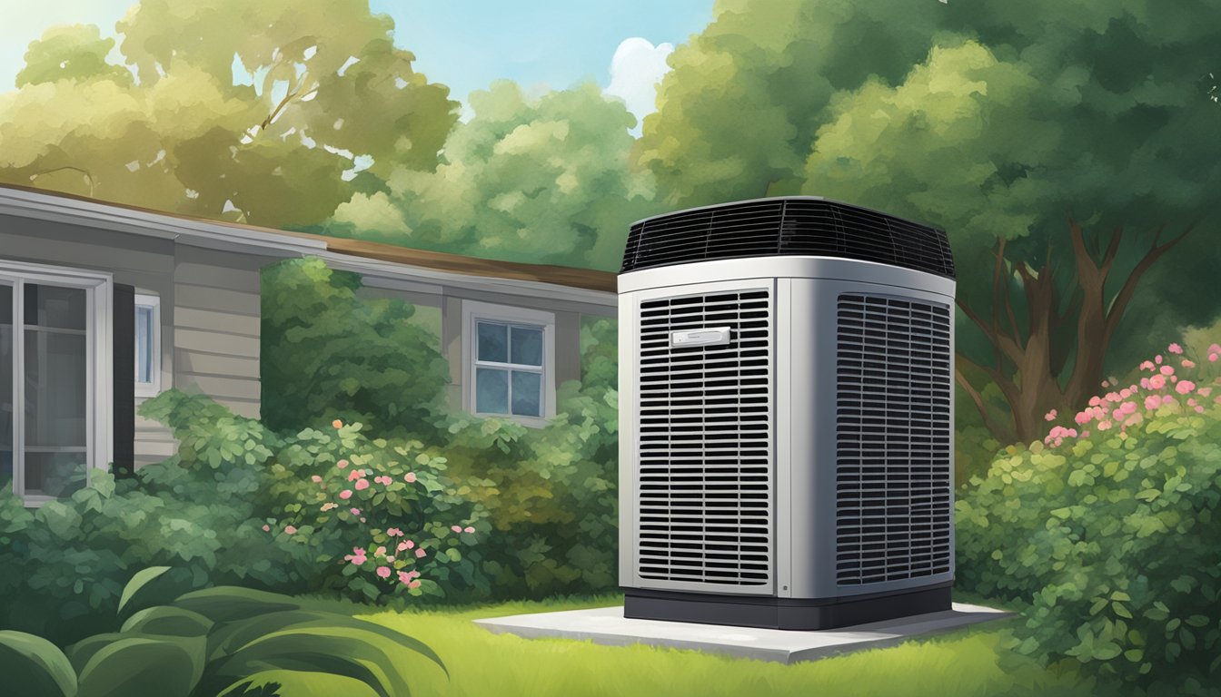 An outdoor AC unit sits next to a house, surrounded by greenery. The unit is large and metallic, with vents and a fan visible on the exterior