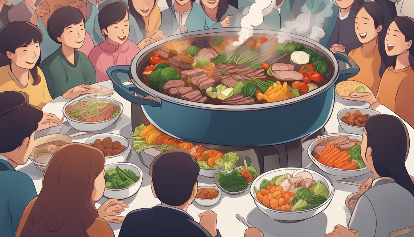 A steaming hot pot filled with various meats and vegetables, surrounded by a group of people eagerly reaching for the food