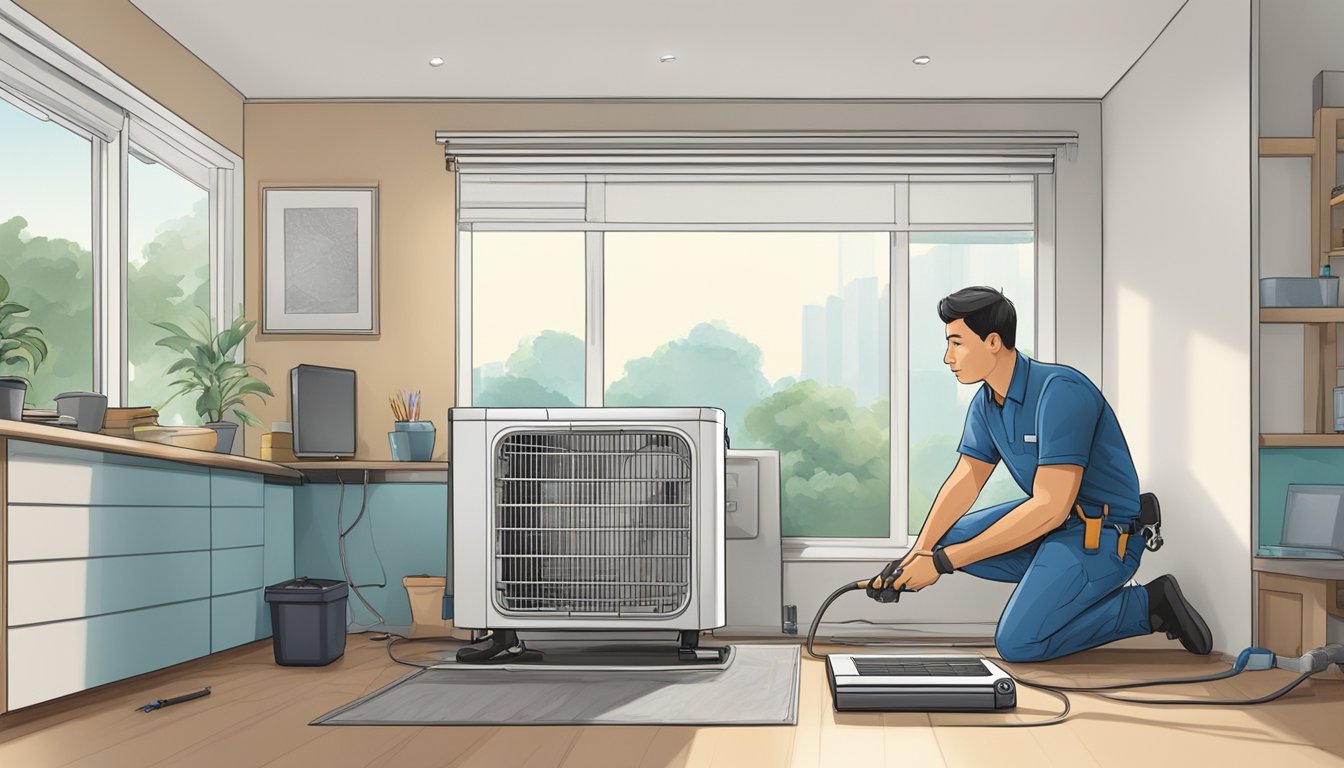 A technician installs an aircon unit in a Singaporean home, surrounded by tools and equipment