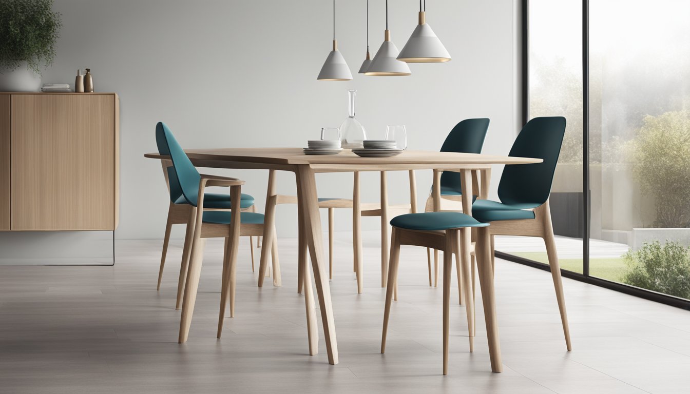 A sleek, minimalist nordic dining chair sits against a backdrop of clean, modern lines and natural light, exuding a sense of timeless elegance and simplicity