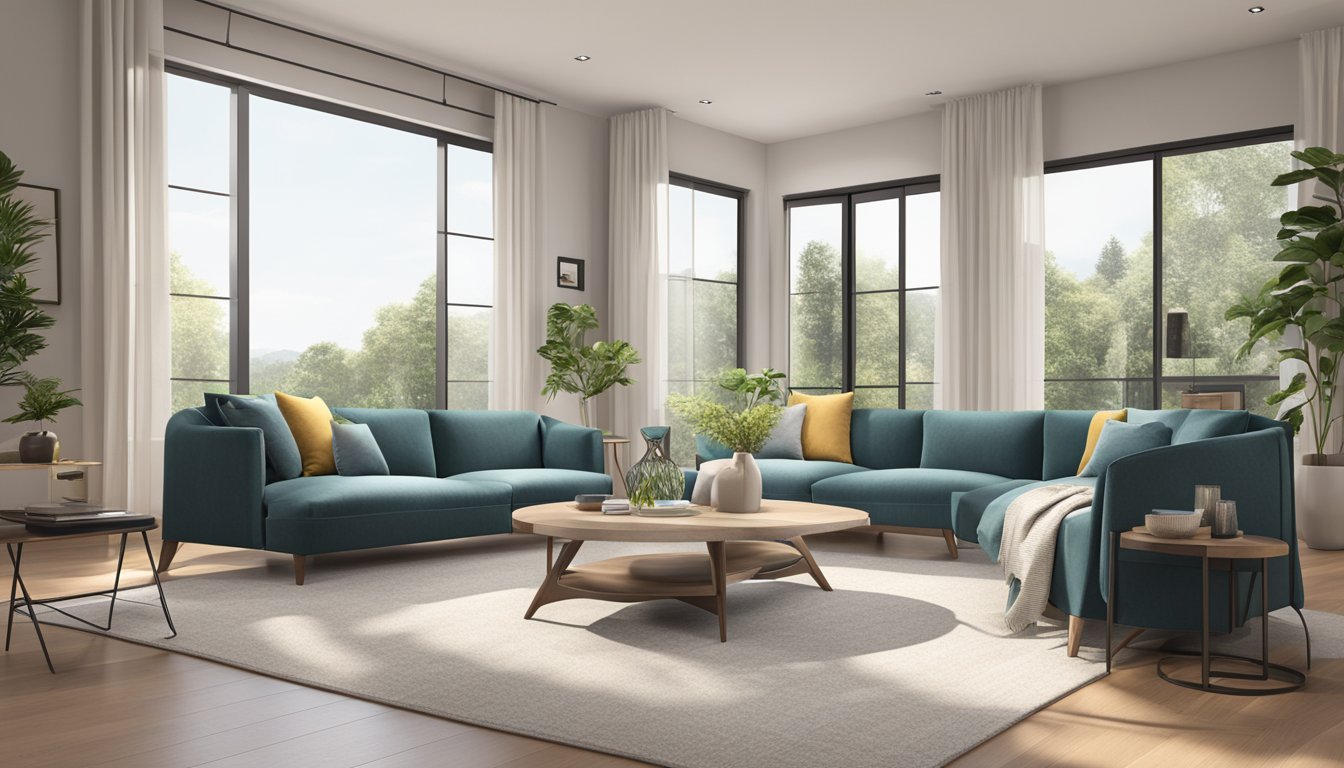 A cozy living room with a modern 3+2 sofa set, featuring sleek lines and plush cushions. The set is placed in front of a large window, allowing natural light to illuminate the space