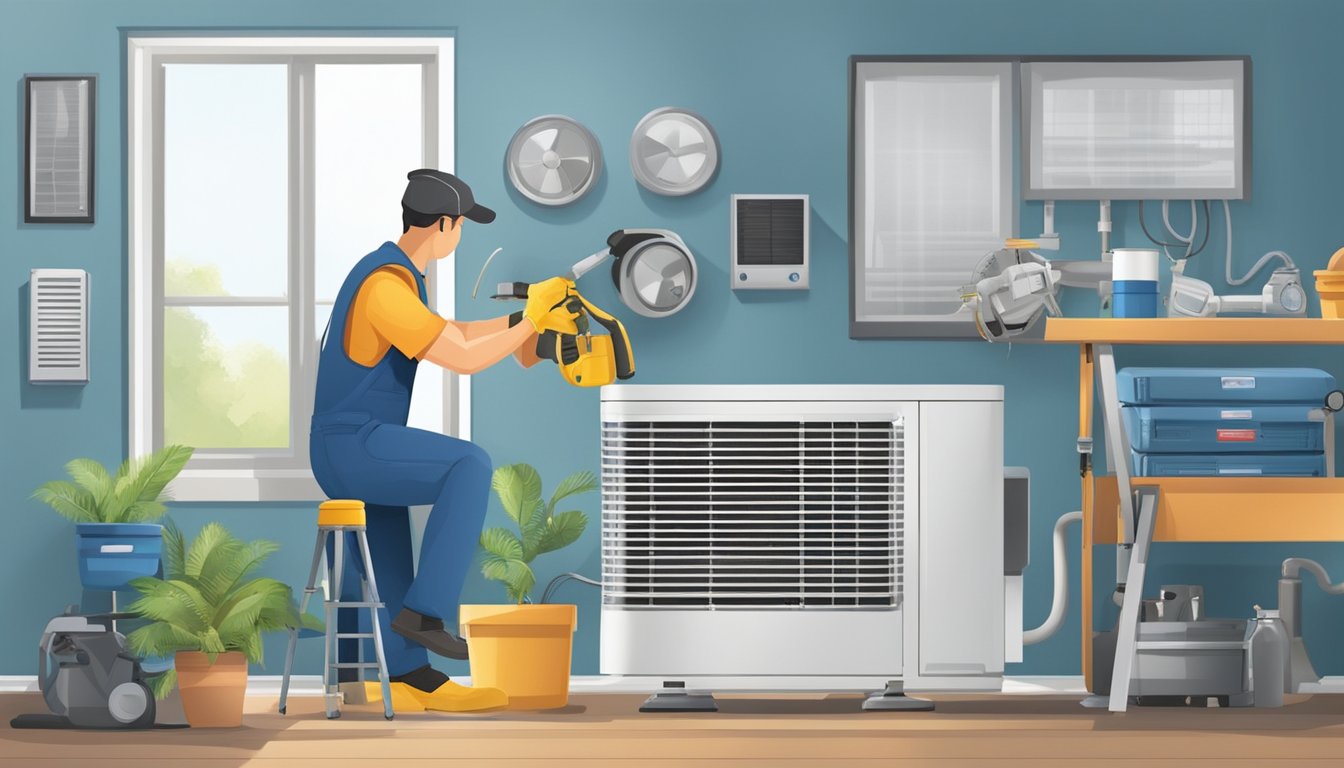 A technician installs an air conditioning unit with precision, surrounded by tools and equipment. Warranty certificates are displayed prominently