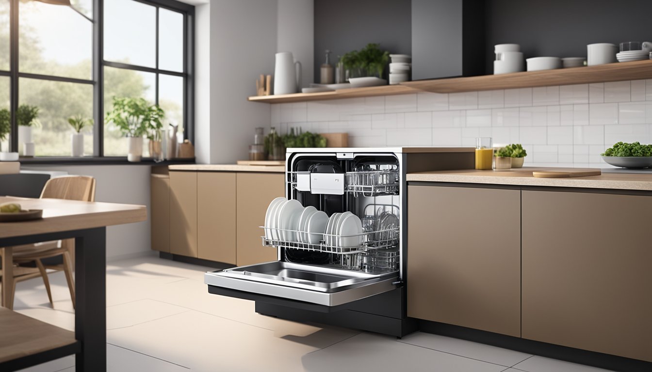 A compact countertop dishwasher sits on a kitchen counter, surrounded by neatly stacked dishes and glasses. The machine is sleek and modern, with a digital display and easy-to-use controls