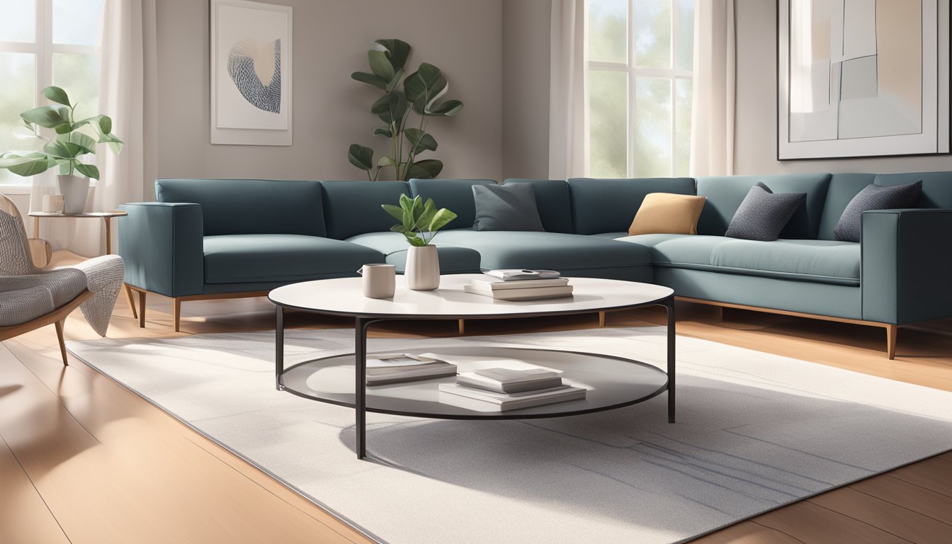A sleek, modern coffee table sits in a well-lit living room, surrounded by minimalist decor and a plush rug