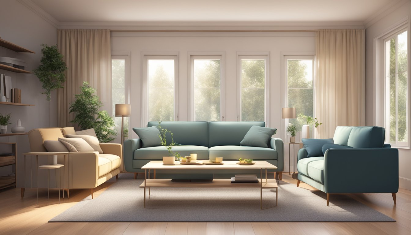 Two modern sofas in a cozy living room, with a coffee table and soft lighting. The sofas are positioned facing each other, creating a welcoming and comfortable seating area